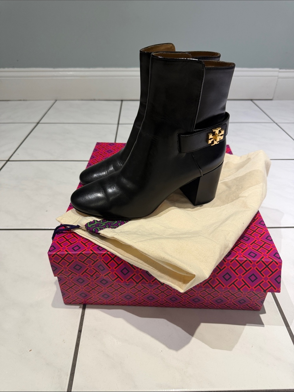 Tory Burch Black Leather Mid-Calf Heeled Boots with Logo Accent